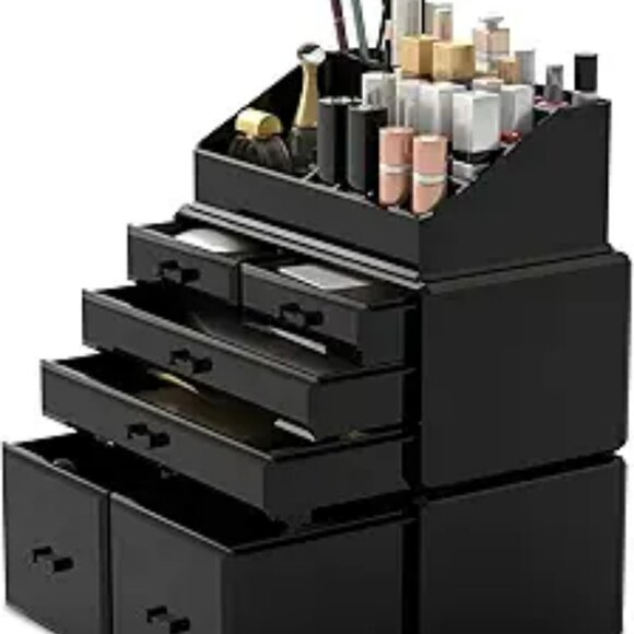 Black makeup organizer 3 piece set with drawers cosmetic storage case box - Picture 7 of 7
